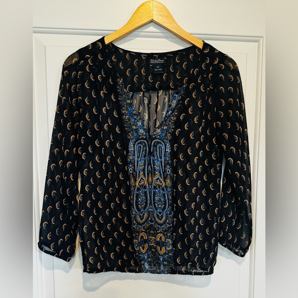 Lucky Brand navy blue sheer floral long sleeved top